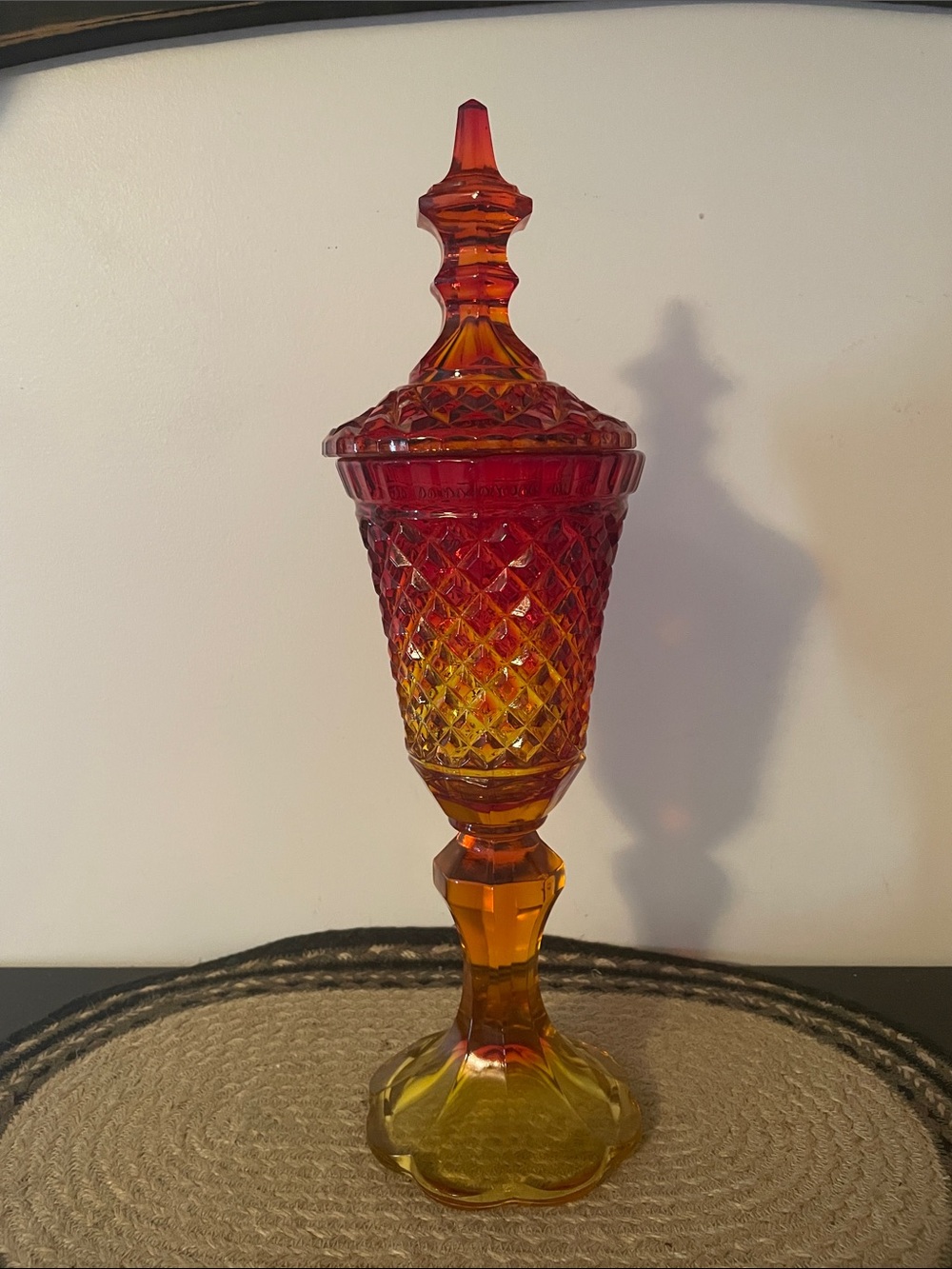 L. E. Smith Amberina Diamond Pointe Ombre Glass Apothecary Jar with Lid.